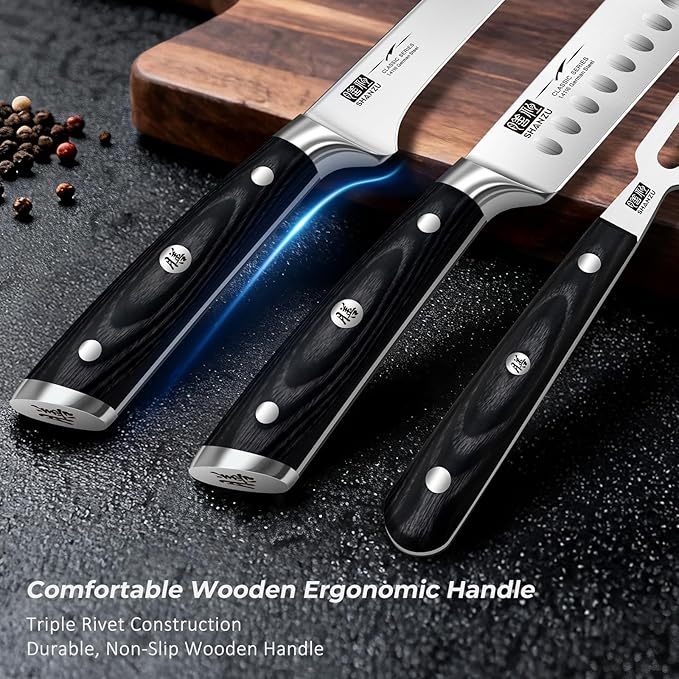 SHAN ZU 3Pcs Carving Knife Set with Sheath ??for Turkey, Meat, BBQ, Brisket, Razor Sharp Slicing Knife, Professional 5Cr15MoV Stainless Steel, Ergonomic Full Tang Wood Handle, Gift Box Included