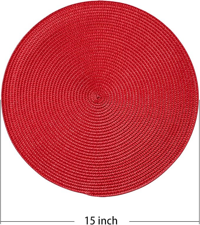 AHHFSMEI Round Braided Placemats 15 Inch Round Table Mats for Dining Tables Natural Woven Heat Resistant Place mats Set of 6(red)