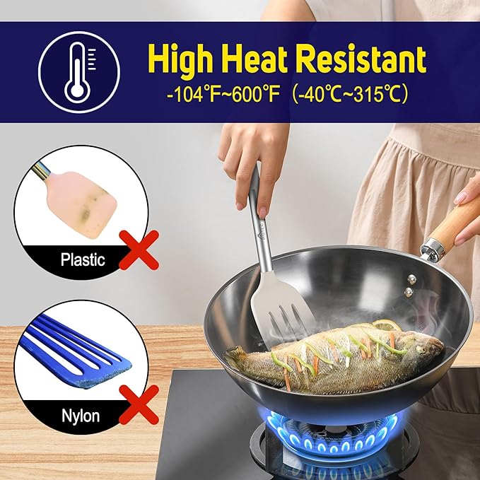 HOTEC Silicone Spatula Set of 2 Heat-Resistant 600째F & BPA-Free Kitchen SaptulaTurner with Stainless Steel Handles, Slotted & Solid Spatulas for Nonstick Cookware, 13.7 Inch, Khaki