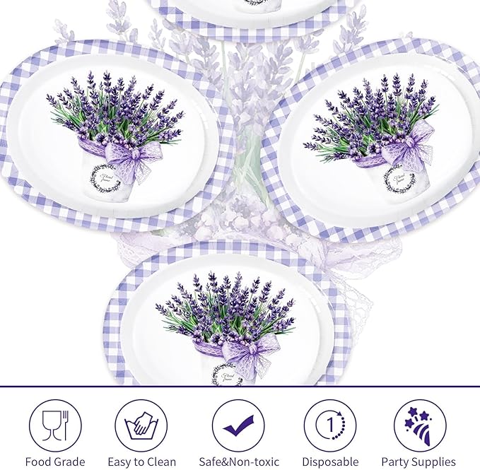 50 Pcs Purple Lavender Gingham Oval Paper Plates 10" x 12" Large Disposable Spring Purple Lavender Floral Heavy Duty Paper Platters Lavenders Theme Plates for Wedding Baby Shower Party Supplies