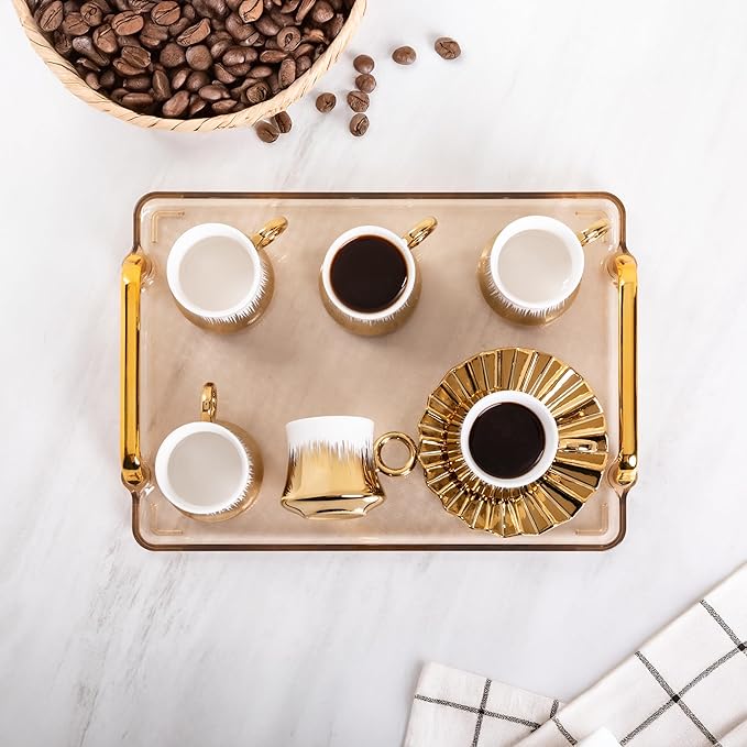 Turkish Coffee Cup Set of 6 with Saucers & Tray - Luxury Arabic Greek Japanese Marble Ceramic Tea Cups for Espresso Cappuccino Latte Mocha, Ideal Gift - 6.7oz,- White
