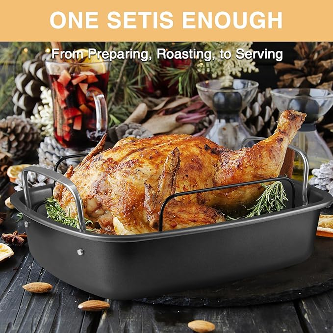 Nonstick Turkey Roasting Pan with Rack - 17횞13 Inch Extra Large Roaster Pan, Deep Turkey Tray for Oven, U-Shaped Rack, Wider Handles, Ideal for Ovens, Thanksgiving, and Christmas