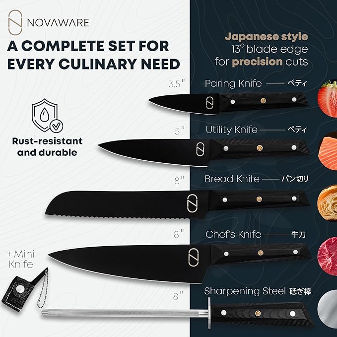 NOVAWARE 5 Pc Kitchen Knife Set ??Ultra Sharp 60 HRC Chef Knife Sets, Black Titanium Coated Steel, Ergonomic G10 Handles ??Chef Knives Without Block + Mini-Knife, Professional Knives Set for Kitchen