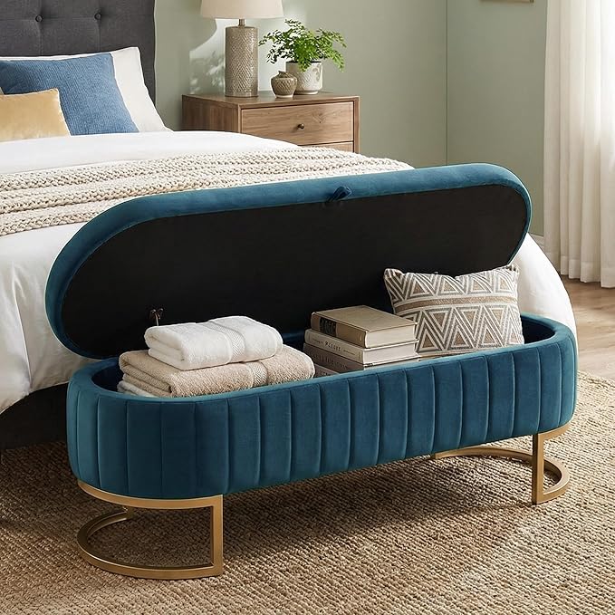 VIROL 65 Inch Storage Ottoman Bench Velvet End of Bed Storage Bench King Size Upholstered Tufted Bench Large Space for Bedroom Living Room Entryway Dark Blue