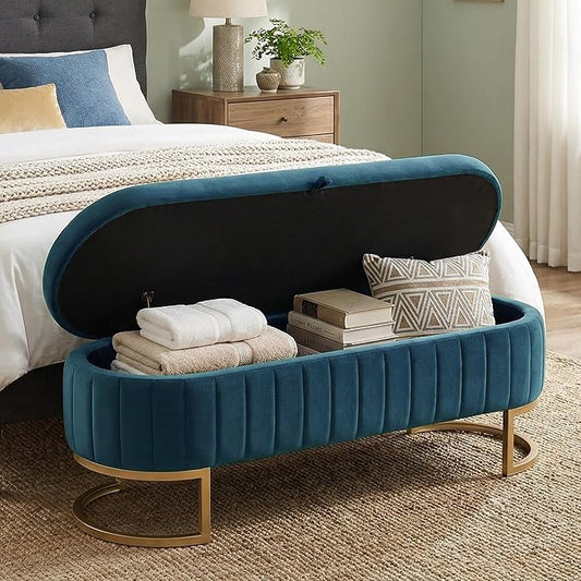 VIROL 65 Inch Storage Ottoman Bench Velvet End of Bed Storage Bench King Size Upholstered Tufted Bench Large Space for Bedroom Living Room Entryway Dark Blue