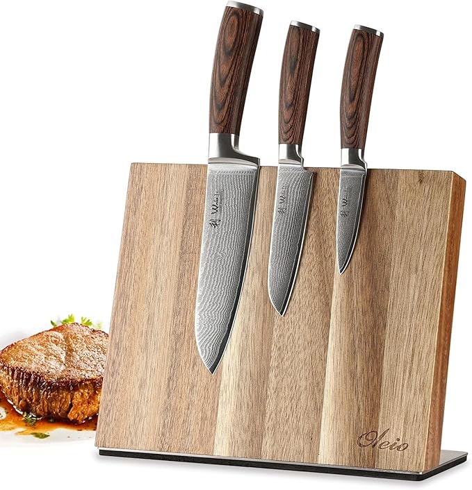 Wakoli EDIB 3-Piece Damascus Knife Block Set with Magnetic Knife Block ??Chef Knives Set with 3.4" - 6.7" Blades, 67-Layer Damascus Steel (VG10 Core), Kitchen Knives with Pakkawood Handles