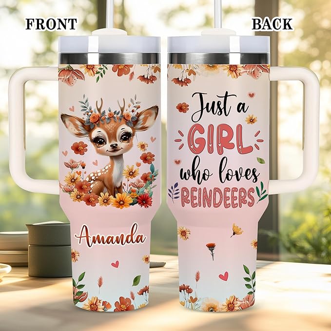 AGGLOMEKC Personalized Cute Reindeer Cup - Mother's Day Birthday Gift For Animal Lovers - Just A Girl Who Loves Reindeer Tumbler 40oz With Custom Name - Pet Lover Gifts For Women, Her