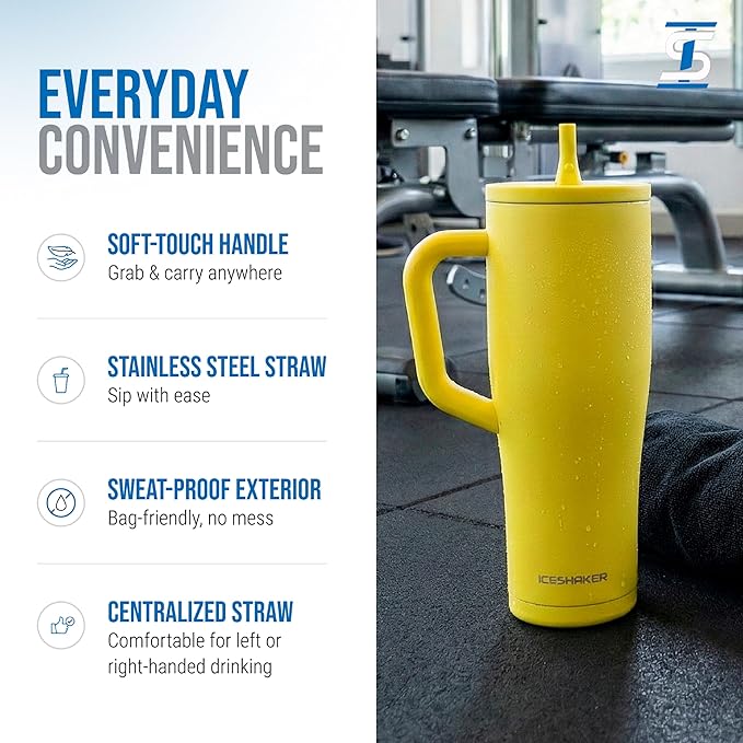 Ice Shaker 40 oz Tumbler with Handle and Straw | 40oz Yellow | Cold for 30+ Hours | 2-in-1 Tumbler Shaker Bottle | Odor-Free 40 ounce Bottle for Water, Protein Shakes, Smoothies, Cocktails