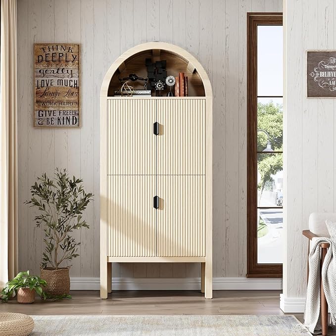 71" Tall Arched Fluted Storage Cabinet - Modern Pantry Cabinet with 4-Tier Shelves, Open Display & Sealed Storage, Accent Sideboard for Living Room Kitchen Dining Room (Natural Wood)