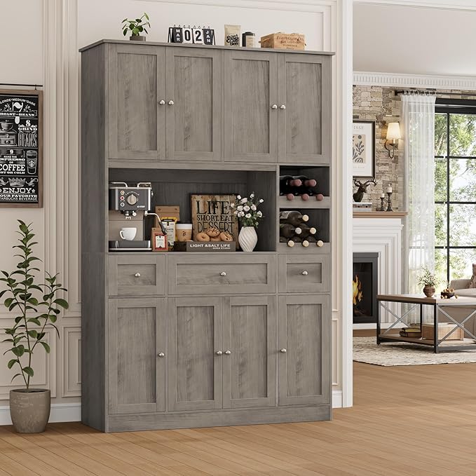 Pantry Organizers and Storage Cabinet, 72??Tall Kitchen Pantry Storage Cabinet with Microwave Stand, Wine Rack, Drawers and Adjustable Shelf for Dining Room, Living Room, Home BarAsh Grey