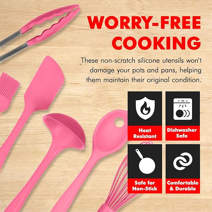 Chef Craft - Premium Silicone Kitchen Tools and Utensils Set, Non-Scratch, Withstands Temperatures up to 450째F, BPA-Free, 9 Piece Cooking Utensils Set, Pink