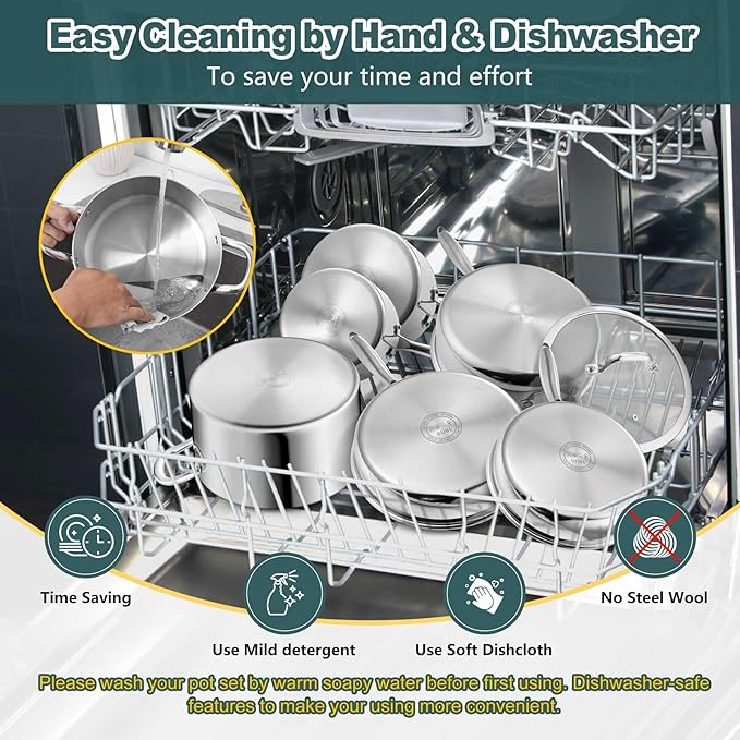 P&P CHEF 3-Ply Stainless Steel Cookware Set of 6, 10-Pieces Pots and Pans Sets Stainless Steel for Kitchen, Induction Multi Cooktops & Oven, Dishwasher Safe, Frying Pans, Saucepans, Saute Pan & Pot