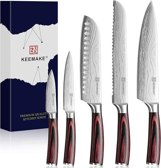 KEEMAKE Knife Set 5 Pieces, Professional Kitchen Knife Set, High Carbon Stainless Steel Chef Knife Set, Ultra Sharp Blade Knives Set for Kitchen with Ergonomic Pakkawood Handle & Gift Box