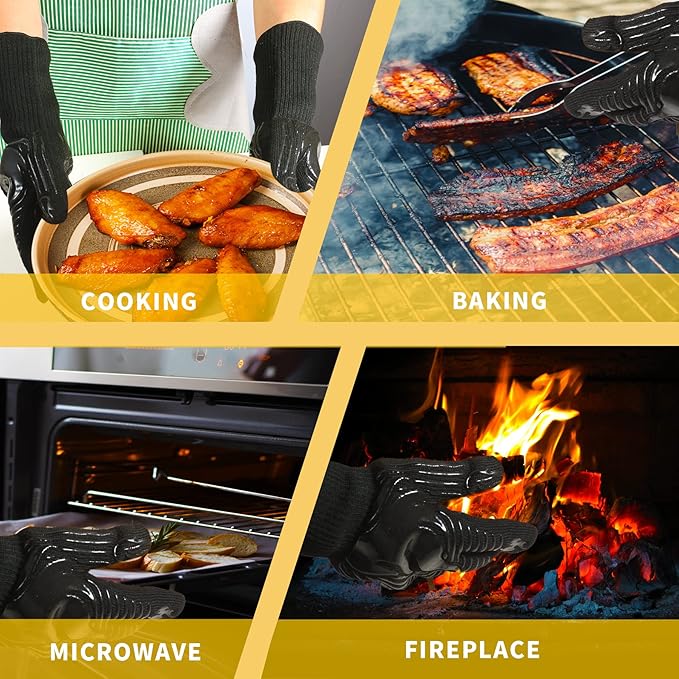 BBQ Gloves, 1472째F Heat Resistant Gloves Fireproof Mitts, Grilling Gloves Silicone Non-Slip Washable Oven Glove, Kitchen Glove for Barbecue, Grilling, Cooking, Baking, Camping, Smoker (Black)