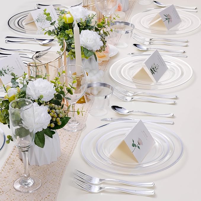 BESTSTAR 100PCS Clear Plastic Plates for Party, 10.25 Inch Disposable Plates with Silver Rim, Heavy Duty Dinner Plates for Christmas, Wedding and Birthday