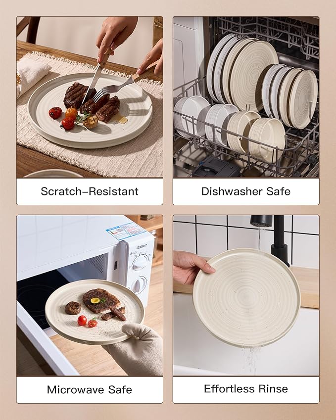 Plates and Bowls Sets for 6, Famiware Premium 18-Piece Stoneware Dinnerware Set - Reactive Glaze with Speckles & Spirals, Chip & Scratch Resistant, Dishwasher Safe, Dish Set with Gift Box, Shell Beige