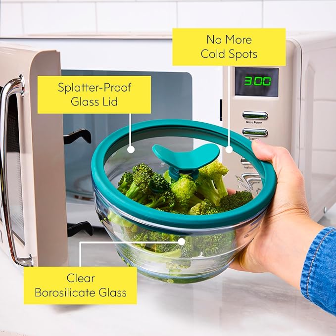 Anyday 7-Cup Glass Food Storage with Glass Lid, Round Shallow Dish | Plastic-Free Meal Prep & Microwave Cookware | Stackable Airtight Storage Container with Vented Lid for Microwave-Safe Reheating