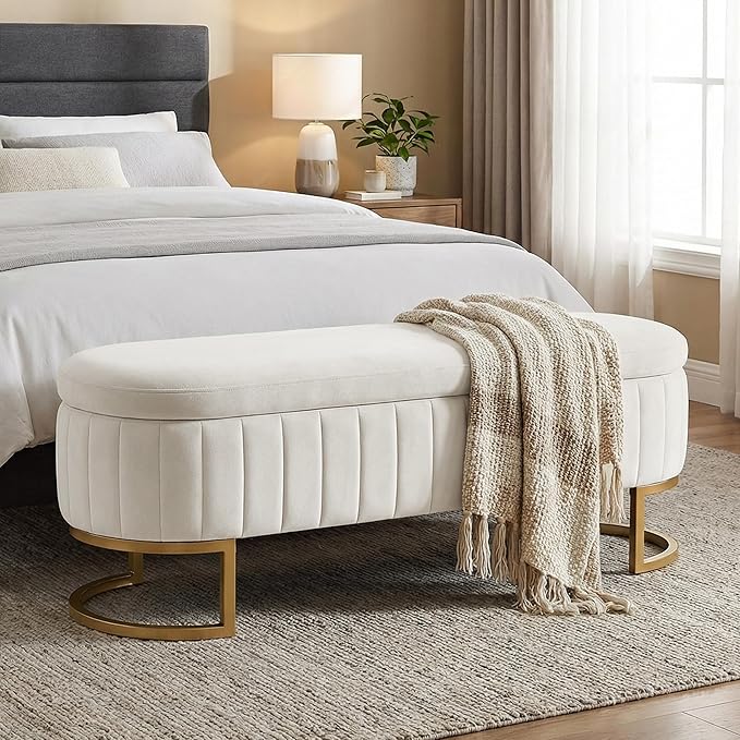 VIROL 51 Inch Storage Ottoman Bench Velvet End of Bed Storage Bench King Size Upholstered Tufted Bench Large Space for Bedroom Living Room Entryway Beige