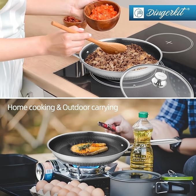 Non Stick Frying Pans, Stainless Steel Nonstick Fry pan with Honeycomb for Kitchen Cooking - 11??Skillet with Lid for Cookware - Works with Induction Cooktop Ceramic and Gas.