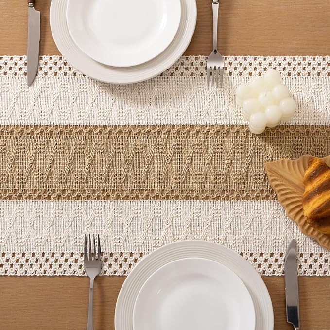 Socomi Boho Table Runner Valentine's Day Farmhouse Rustic Dining Kitchen Centerpiece Decor Small Macrame Woven Cotton Linen Coffee Table Runner for Dresser Scarf Home Decor 12x90 inch