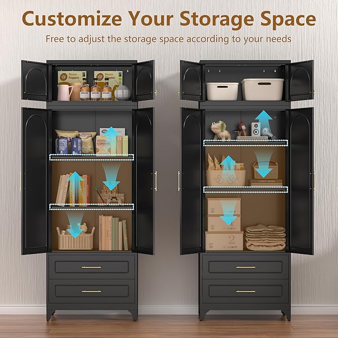 Kitchen Pantry Cabinet with 2 Drawers, 90" Tall Metal Storage Cabinets with Doors and Shelves, Food Cupboards for Dining, Living Room, 16" D x 32" W x 90" H, Black, Assembly Required