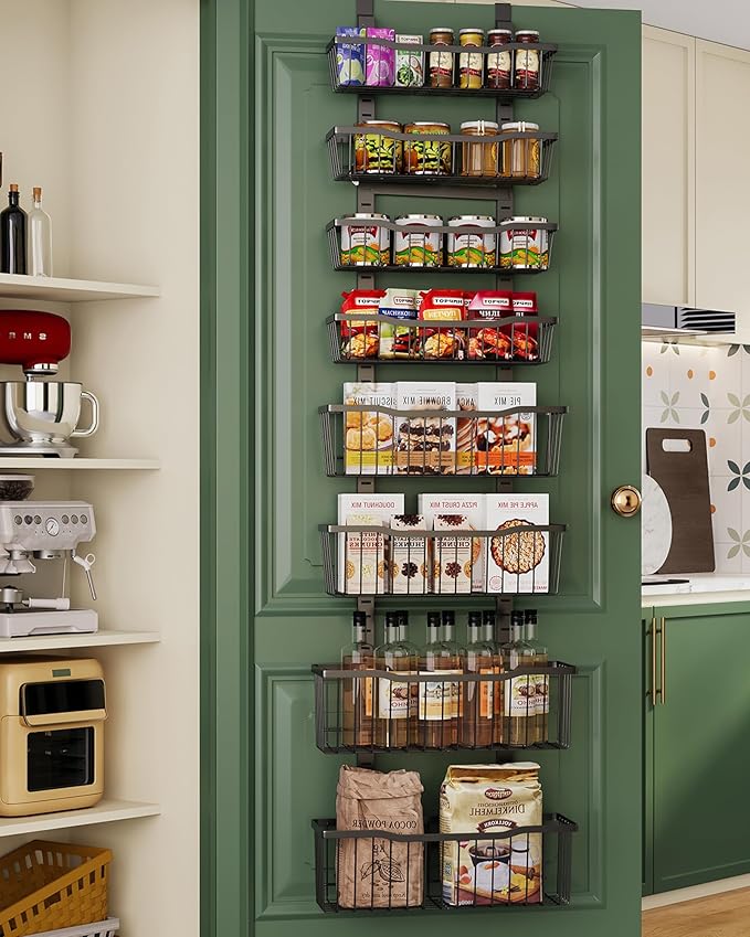 Over The Door Organizer竊?-Tier Over The Door Pantry Organizer with Adjustable Baskets竊똌etal Hanging Pantry Organizers and Storage for Kitchen, Back of Door Seasoning Rack (Black)