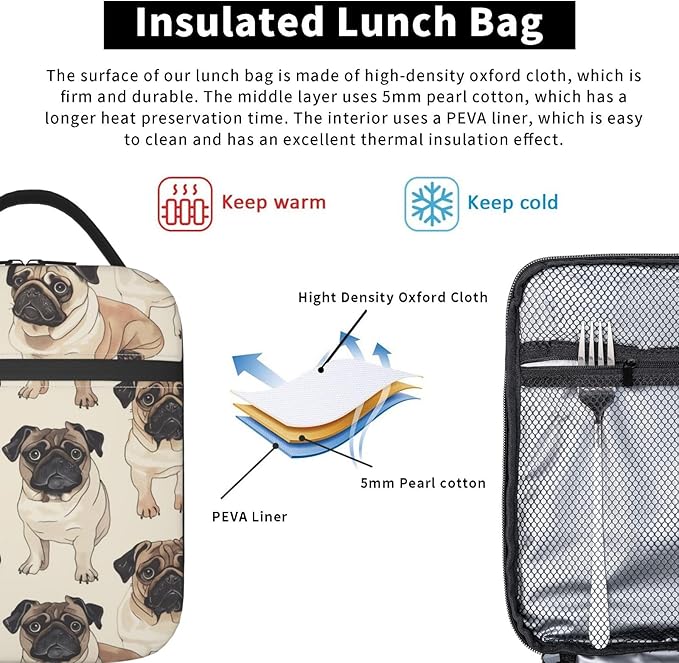 VANZEV Pug Lunch Box for Adults Women Girls Boys Kids Cute Dog Lunch Box Insulated Cooler Reusable Lunch Bag Container Gifts for Work Office Picnic Travel School