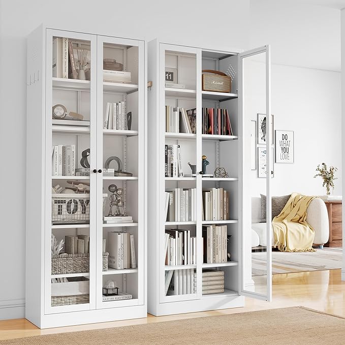 Display Cabinet with Glass Doors 71" Tall Metal Kitchen Storage Pantry with Adjustable Shelves, Curio Storage Cabinet for Kitchen, Dining Room, Garage, Assembly Required