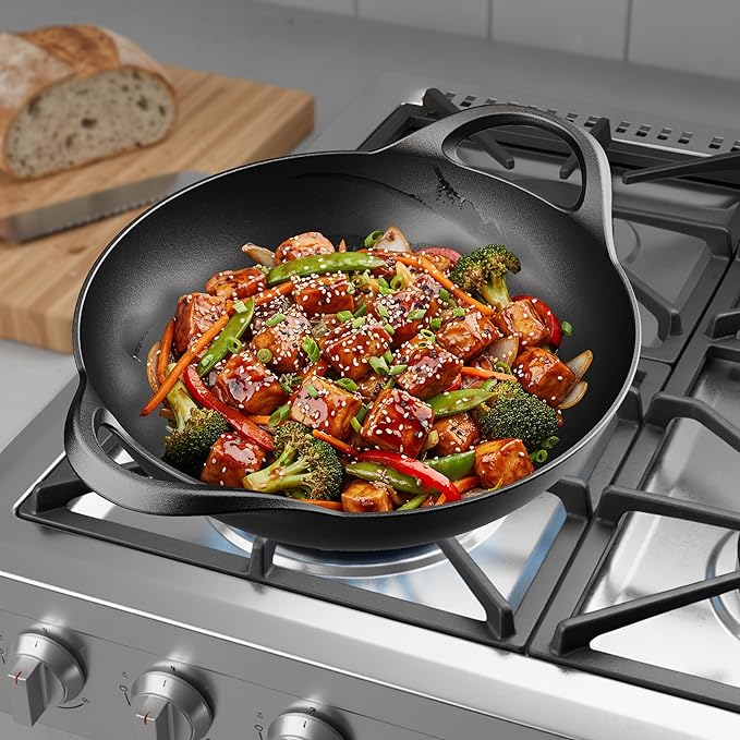 Bakken Pre-Seasoned Cast Iron Wok with Wooden Lid, 14" Stir Fry Pan for Gas, Electric, Induction & Open Fir, Heavy-Duty Flat Bottom Wok with Dual Handles for Even Heating & High-Heat Cooking, 8.8 lbs