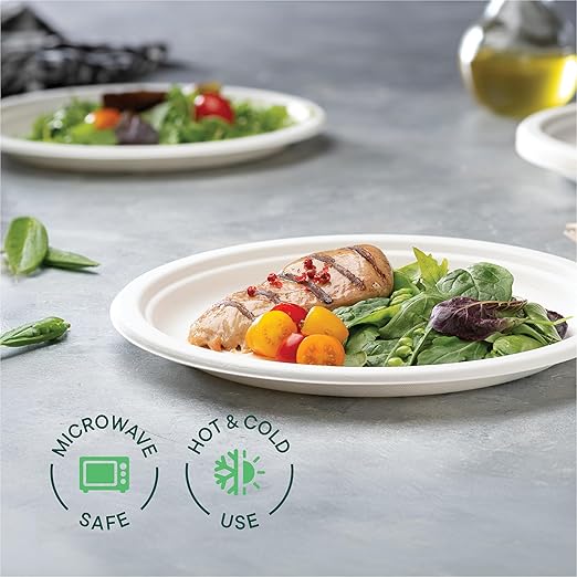 Stack Man 100% Compostable Paper Plates 10 Inch Heavy-Duty [125-Pack] Eco-Friendly White Bagasse Disposable Dinner Plates From Natural Sugarcane - 10" Biodegradable Plate (BPI-Certified) (PFAS-Free)