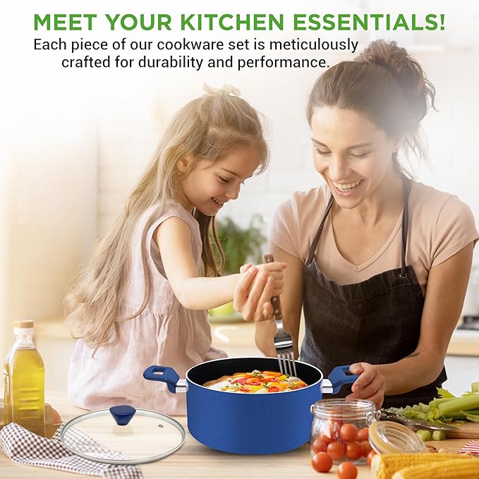 NutriChef 13-Pc Royal Blue Cookware Set - Nonstick Pots & Pans with See-Through Lids, Even Heat Distribution, Cool-Touch Handles, Utensils Included - NCCWA13BU