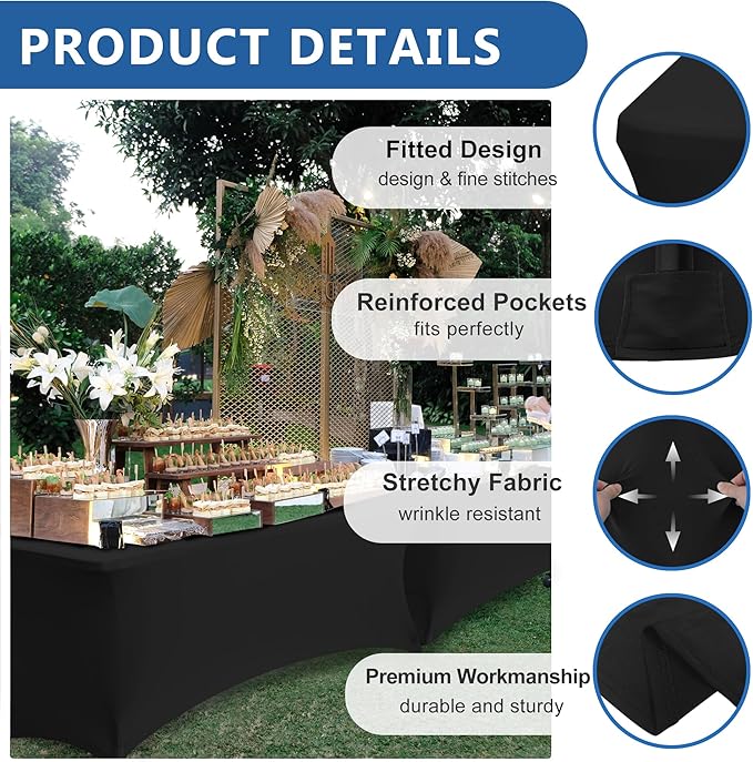 Enjoyidea Spandex Table Cloths for 8 Foot Rectangle Tables-4 Pack Fitted Stretch Black Table Covers-Elastic Folding Tablecloths for Party, Vendor Booth Display, Banquet Buffet Event, Craft Trade Show