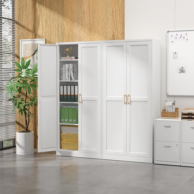 Kitchen Pantry Cabinet,71?쓂hite Metal Pantry Storage Cabinet with Doors and 4 Adjustable Shelves,Kitchen Cabinet with 2 Gold Handles,Tall Cabinet for Livingroom,Pantry, Bathroom,Kitchen