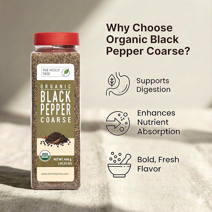 Organic Black Pepper Coarse - 16.2 oz Glass Jar - USDA Certified Organic, Non-GMO, Kosher & Gluten-Free - Premium Coarsely Ground Black Pepper for Cooking, Seasoning & Finishing - The Holly Tree