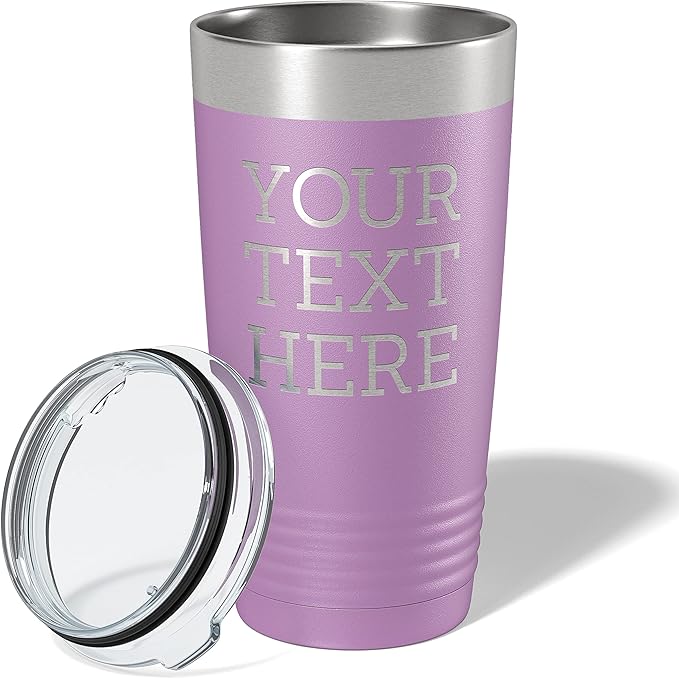 Personalized 20oz (17 Colors) Powder Coated Insulated Stainless Steel Tumbler with Lid, Custom Etched, Customized Text Message Name, Engraved Gift Idea Women Men Him Her, Your Text Here (Light Purple)