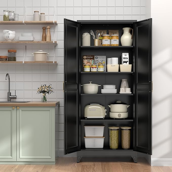 75" Kitchen Pantry Cabinet, Tall Storage Cabinet with Doors and 4 Shelves, Metal Storage Cabinets for Kitchens, Living Room, Dinning Room, Assembly Required, Black