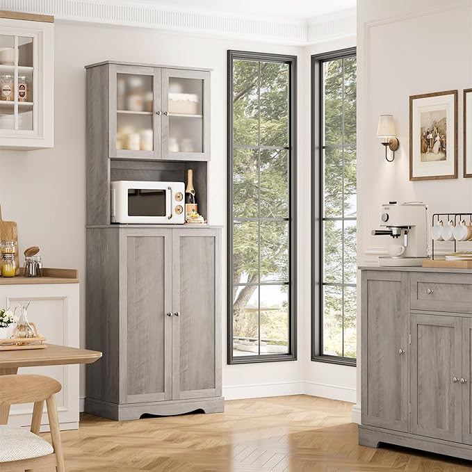 HOSTACK 71'' Pantry Cabinet, Tall Storage Cabinet with Microwave Stand, Freestanding Kitchen Hutch with Doors and Adjustable Shelves, Mordern Food Pantry for Kitchen, Dining Room, Ash Grey