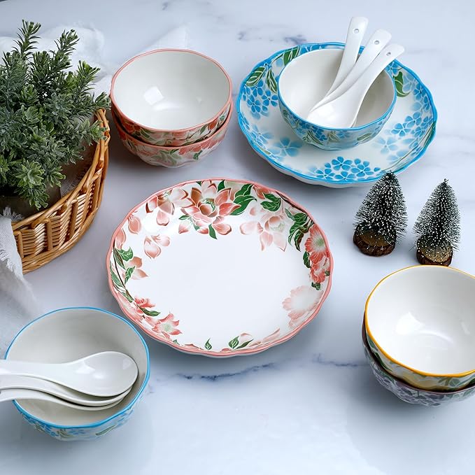 Green Floral Ceramic Dinnerware Set of 2, 14-Piece Plates and Bowls set, Microwave & Dishwasher Safe, Chip Resistant, Family Size Gift Set
