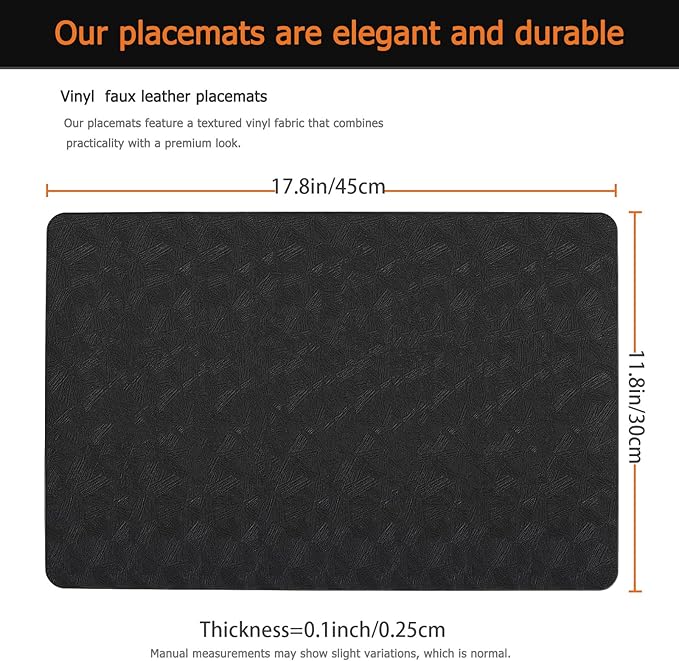 Uolr Vinyl Placemats Set of 12 Faux Leather 100% Waterproof Wipeable Washable Place Mats Heat Resistant Easy Clean Non-Slip Table Mats for Indoor Outdoor. (12,Black)