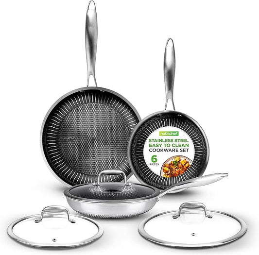 NutriChef 6-Piece Tri-Ply Stainless Steel Frying Pan Set ??8", 10", 12" Non-Stick Skillets with Lids, Induction Compatible, Oven Safe, Scratch-Resistant, Dishwasher Safe