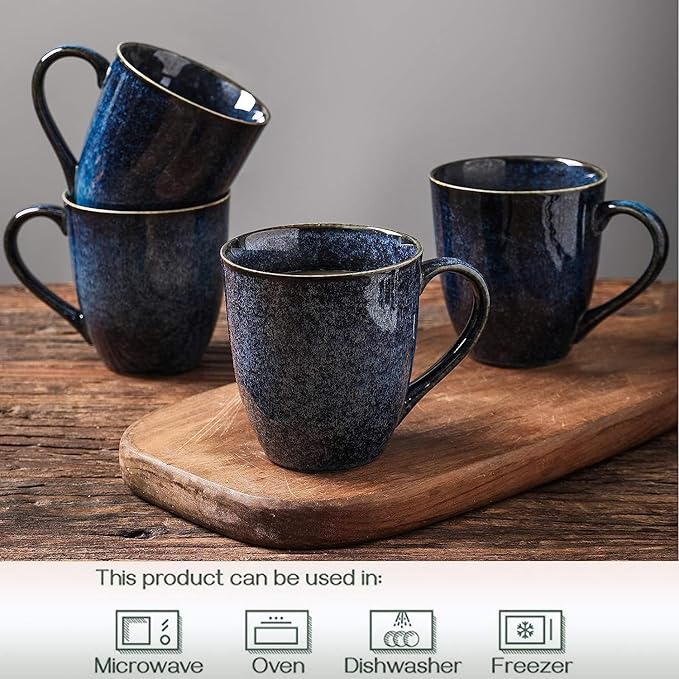 vicrays Coffee Mug Set, 12 Ounce, Set of 4, Ceramic Mug for Men, Women, Unique Glazed Mugs with Handle for Coffee, Tea, Milk, Cocoa, Cereal(blue)