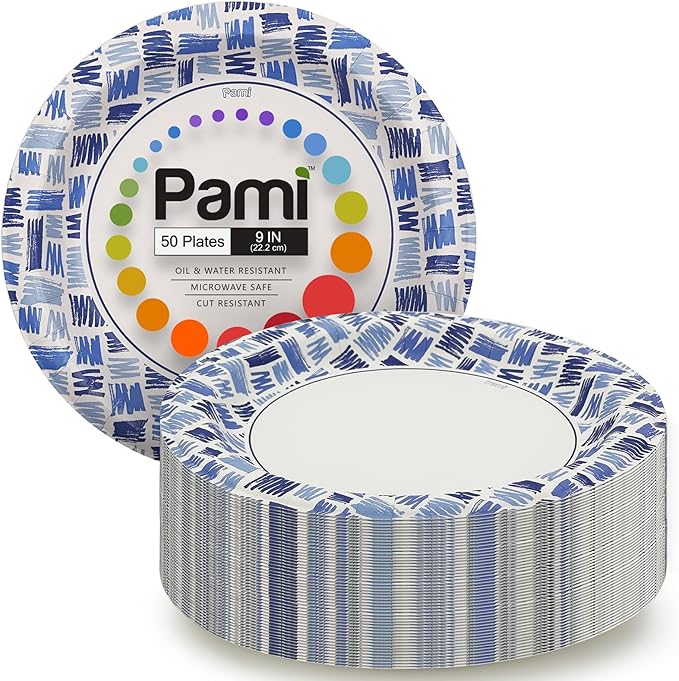 PAMI Premium Paper 9 Inch Plates [Pack of 50] Heavy-Duty Disposable Dinner Plates| Microwave-Safe Paper Plates| Sturdy Oil Water & Cut Resistant Blue Paper Plates
