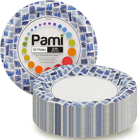 PAMI Premium Paper 9 Inch Plates [Pack of 50] Heavy-Duty Disposable Dinner Plates| Microwave-Safe Paper Plates| Sturdy Oil Water & Cut Resistant Blue Paper Plates