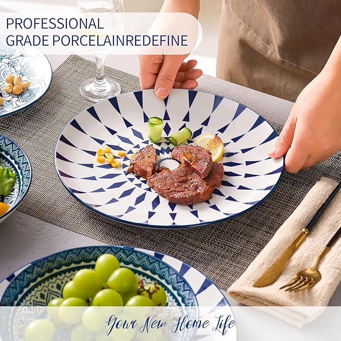 Bestone Porcelain Dinnerware Sets Service for 4, 12 pcs Hand drawn Plates and Bowls Sets, Handmade Ceramic Dish Set, Chip Resistant Modern Plate Set, Dishwasher/Microwave Safe竊똙intage Blue
