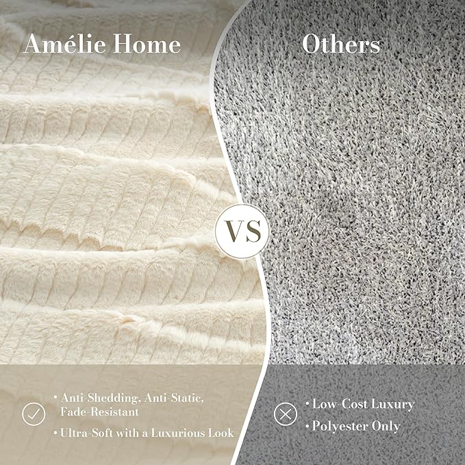 Am챕lie Home Luxury Striped Faux Fur Throw Blanket for Couch, Soft Cozy Fuzzy Fluffy Soft Plush Blankets Sofa Chair Gift Blankets for Women, 60"x80", Ivory