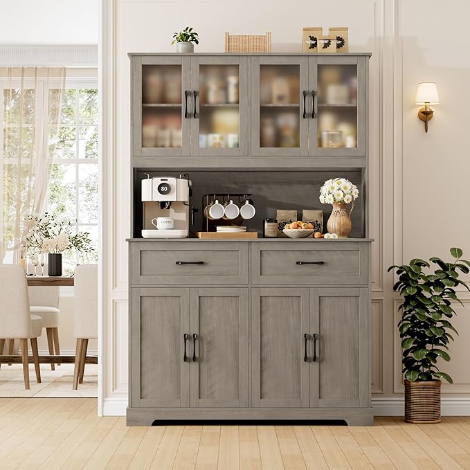 71" Farmhouse Kitchen Pantry Cabinet, Tall Pantry Cabinet with Microwave Stand, Kitchen Hutch with Drawer and Shelves for Dining Room, Grey