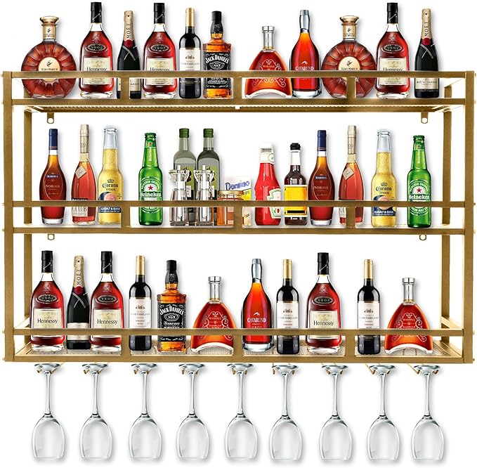 59 Inch Metal Wine Rack Wall Mounted, Bar Shelves for Liquor Bottles with LED Light, 3 Tier Large Capacity Liquor Rack Wall Mounted with Glass Holder for Home Bar & Dining Room, Gold