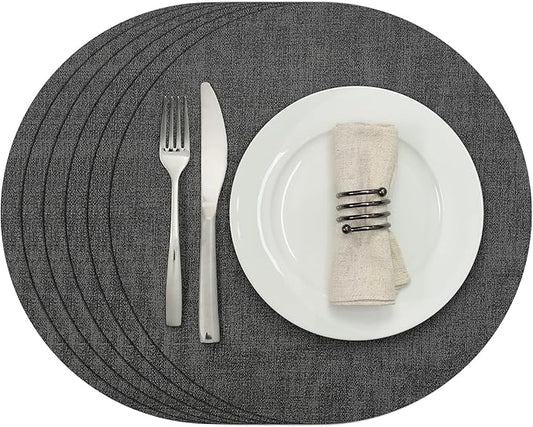 Myir JUN Round Placemats, Dual Sided Faux Leather Place Mats Set of 6 Indoor/Outdoor Non-Slip Washable Table Mats (Gray, Set of 6)