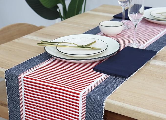 PurpleEssences 4th of July Table Runner - Wide with Dobby Stripe, Heavy Ribbed Weave & Double Knot Fringes, 14x72 Inch (14x77.5 with Fringes) Boho Farmhouse Decor - Veterans Day - Red, Blue and White