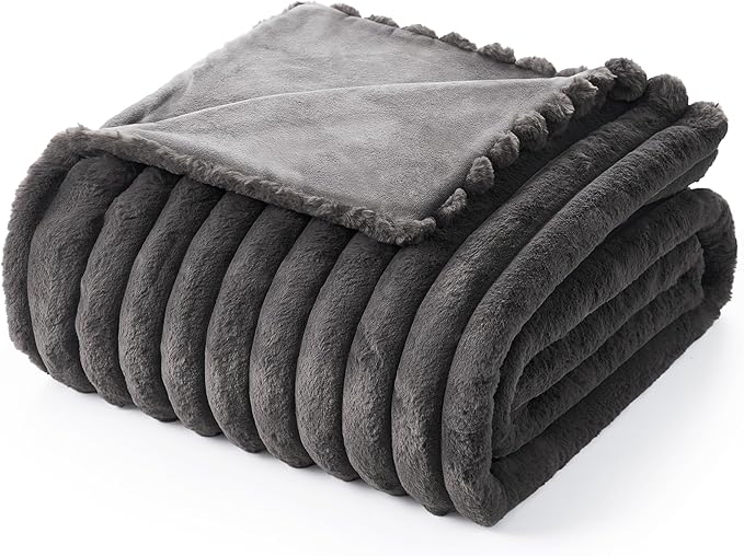 Am챕lie Home Faux Fur Throw Blanket for Couch, Cozy Fuzzy Fluffy Fur Luxurious Soft Striped Plush Gift Blankets for Family Sofa Chair Bedroom, 60"x80", Charcoal Grey